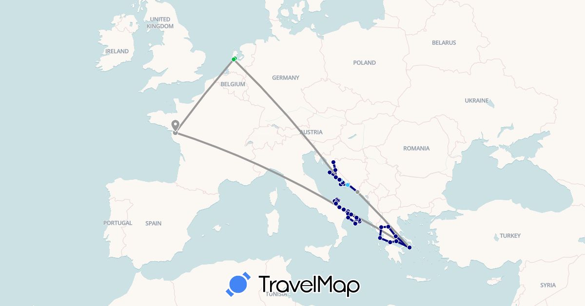 TravelMap itinerary: driving, bus, plane, boat in France, Greece, Croatia, Italy, Netherlands (Europe)